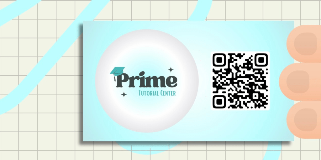 Hand holding a contact card for Prime Tutorial Center, with Qr code.